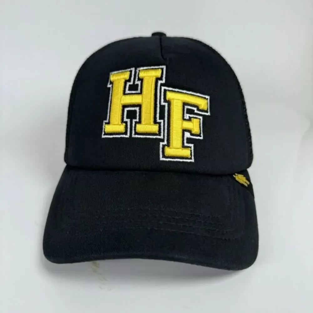 Homme Femme HF Varsity Font Trucker Hat SnapBack Black Yellow Letterman OSFA‎